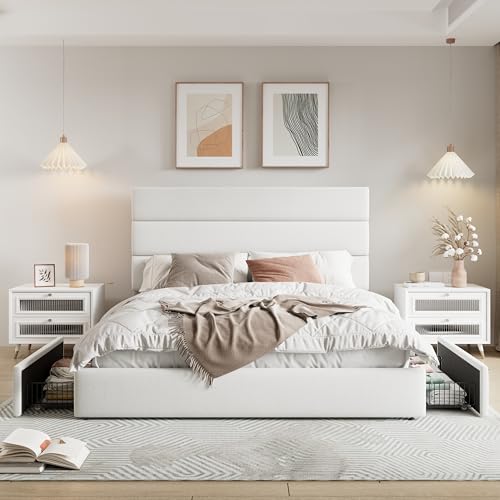 Allewie Modern Full Size Platform Bed Frame with 4 Storage Drawers and Velvet Upholstered Headboard, Wooden Slats Support, Upholstered Mattress Foundation/No Box Spring Needed/Easy Assembly, White Allewie
