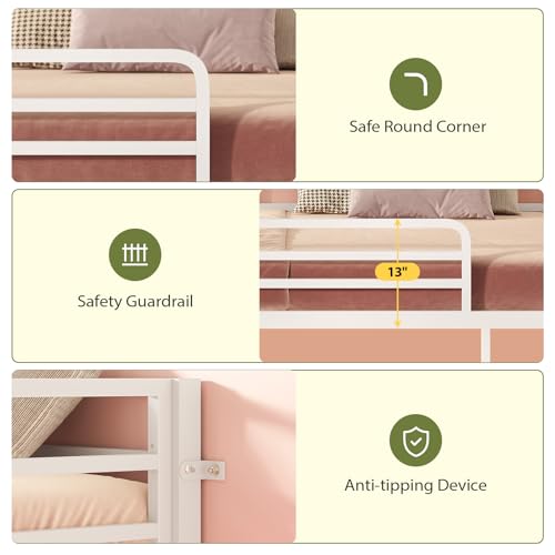UPOSOJA Bunk Bed Twin Over Twin Bed Frame with LED Lights, Metal Bunk Bed with 13" Guardrail & 3-Step Ladder, Space Saving for Kids and Teen, White UPOSOJA