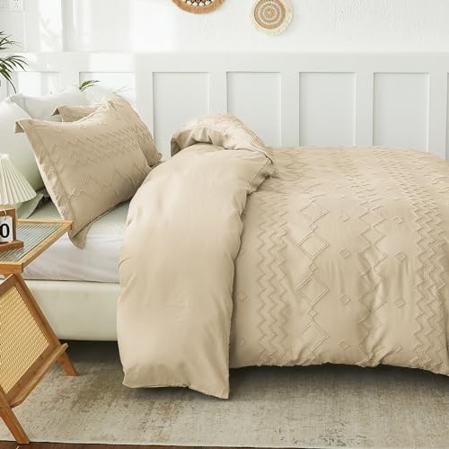 EMME Boho Duvet Cover Set - Tufted Comforter Set with Boho Embroidery, All-Season Bedding for Twin, 1 Duvet + 1 Pillowcase (Beige) EMME
