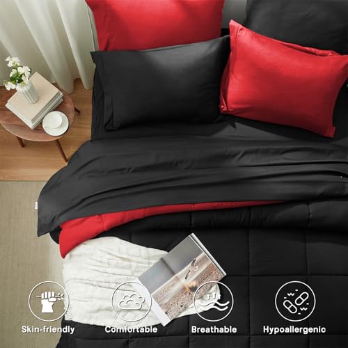 Anluoer Twin XL Comforter Set, 5 Pieces Black Bed in a Bag, All Season Bedding Sets with 1 Comforter(68"*88"), 1 Pillow Sham, 1 Pillowcase, 1 Flat Sheet, 1 Fitted Anluoer