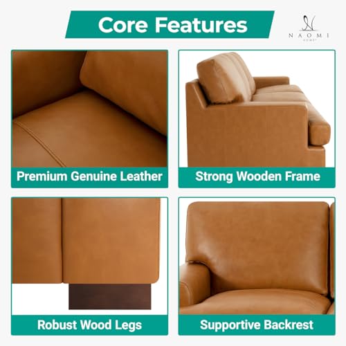 Naomi Home Siggy Genuine Leather Sofa - Luxurious Comfort, Goose Feather Cushion Filling, Square Arm Design, Sturdy Block Legs, Elegant Tan - Ideal for Living Room, Office, or Bedroom Naomi Home
