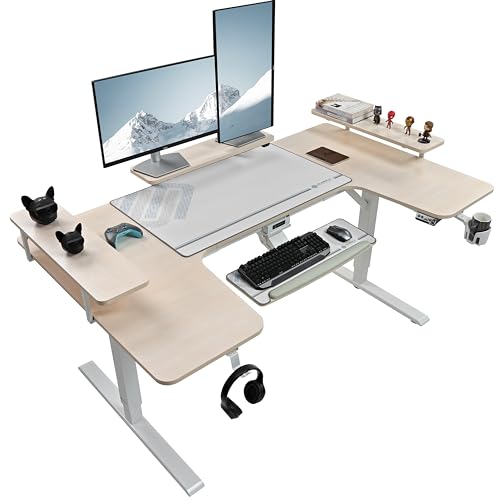 EUREKA ERGONOMIC Gaming Standing Desk with Keyboard Tray,74" U Shaped Studio Desk for Recording&Live,Electric Height Adjustable Desk w LED Convertible Shelves,Maple EUREKA ERGONOMIC