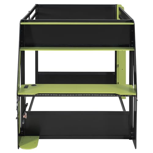 Full Size Bunk Bed with Desk & Charging Station & RGB Light Strip,Wooden Gaming Bunk Bed Frame with Storage Shelves,Safety Guardrails & Ladder for Bedroom,Under-Bed Space,No Box Spring Needed,Green FUvellamo