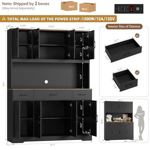 HOSTACK 71" Tall Pantry Cabinet with Charging Station, 55" Wide Kitchen Pantry Storage Cabinet with Countertop, Large Kitchen Hutch with Storage Drawers and Doors for Dining Room, Living Room, Black HOSTACK