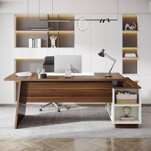 Tribesigns L-Shaped Executive Office Desk, 70.5-Inch Mid-Century Modern Executive Desk with Storage Cabinet and Shelves, Large Computer Desk for Home Office, Brown + White Tribesigns