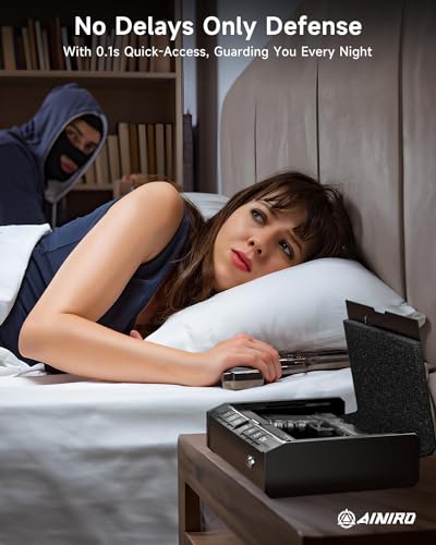 AINIRO Gun Safe for Pistols - Biometric Gun Safe for Handgun, Quick-Access Gun Lock with Fingerprint Identification or Key Pad, Firearm Storage Home Bedside Nightstand Car AINIRO