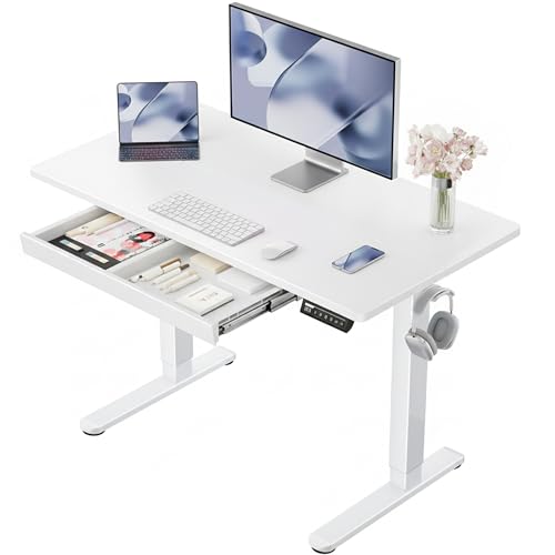 ErGear 44 inch Electric Standing Desk with Drawers, Adjustable Height with Storgear, 4 Memory Height Settings, Sit Stand Up Desk for Home Office & Computer Workstation, White ErGear
