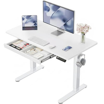 ErGear 44 inch Electric Standing Desk with Drawers, Adjustable Height with Storgear, 4 Memory Height Settings, Sit Stand Up Desk for Home Office & Computer Workstation, White