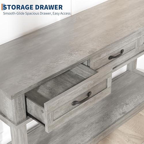 GarveeHome Entryway Table, Console Table with 3 Storage Drawers, 3 Tier Farmhouse Wooden Sofa Table, Hallway Tables for Entryway, Living Room-Grey GarveeHome