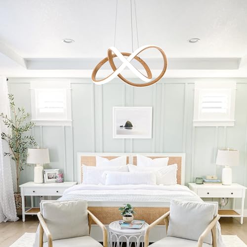MAYNA Modern LED Chandelier, LED Pendant Light in Wood Finish, Adjustable Height Chandeliers with Irregular Ring, Modern Chandeliers for Dining Room Kitchen Island Living Room Bedroom, 6000K Daylight MAYNA