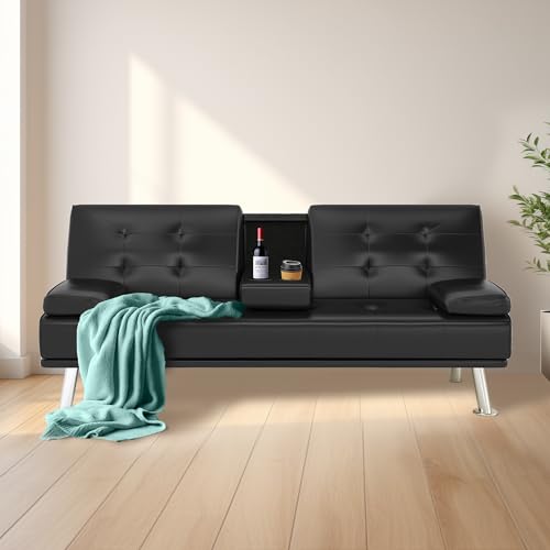 yoyomax Futon Couch, Modern Faux Leather Futon Sofa Bed with 2 Cup Holders and Pillows, Convertible Folding Futon Couch for Compact Living Space, Dorm, RV, Offices, Black yoyomax