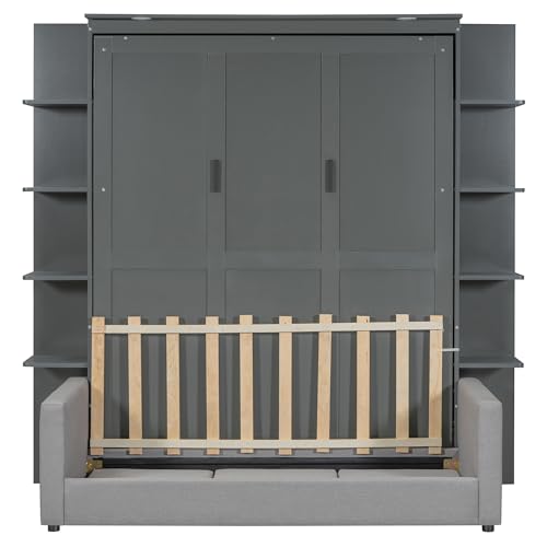 Merax Murphy Bed, Queen Size Wooden Wall Bed with Sofa for Bedroom, Wood Slat Support, No Box Spring Needed, Easy Assembly, Grey Merax