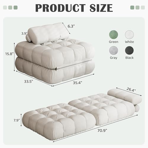 DSNAPE 3-in-1 Folding Sofa Bed, 35.4" Convertible Sleeper Chair Bed with Pillow Back Support, Portable Pull Out Velvet Futon Lounge Couch, Comfy Floor Mattress for Living Room Bedroom - White, Single DSNAPE