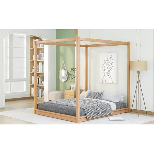 Harper & Bright Designs Queen Size Canopy Floor Bed with Support Legs, Wooden Canopy Platform Bed Frame, Natural Harper & Bright Designs