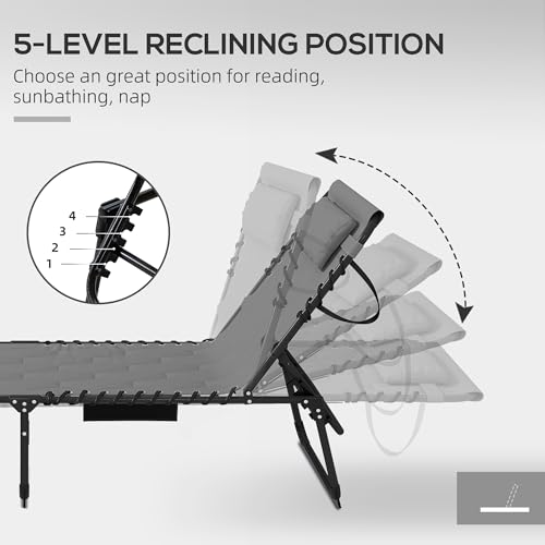 Outsunny Padded Folding Chaise Lounge Chair Outdoor Set of 2, 5-Level Reclining Patio Loungers, Tanning Chairs with Side Pocket, Headrest and Carrying Handle for Beach, Yard, Patio, Gray