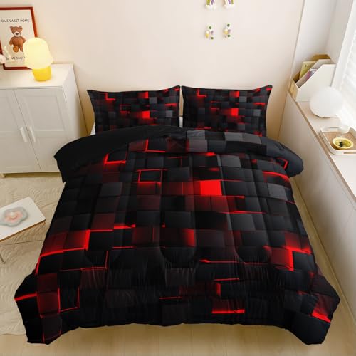 Nttopship Neon Red Black Comforter Set Twin Geometric Kids Bedding Set,3 PCS Geometry Honeycomb Bed Set Modern Quilt Set 1 Comforter 2 Pillow Cases Cool Room Decor All Season B-Side Black Nttopship