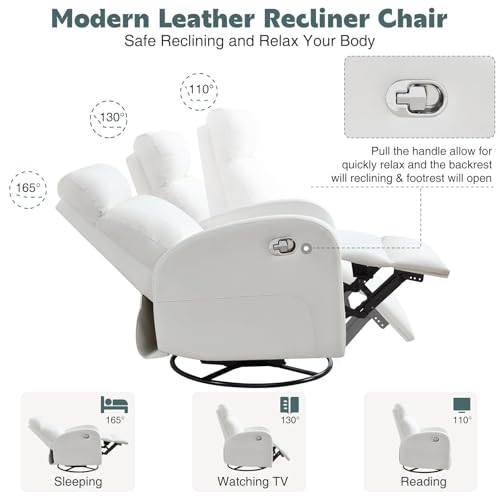 HOMYKA Swivel Rocker Recliner Chair, Manual Faux Leather Recliner, Glider Rocking Recliners 360°Swivel Nursery Reclining Chairs with Adjustable Headrest Highback for Living Room, White
