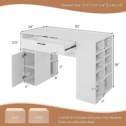 COSTWAY 36” Counter Height Sewing Table, 53 Inch Artwork Craft Table with 14 Open Compartments, 3-Position Adjustable Shelf, 1 Drawer & Cabinet, Project Center Desk Drafting Sewing Workstation, White COSTWAY