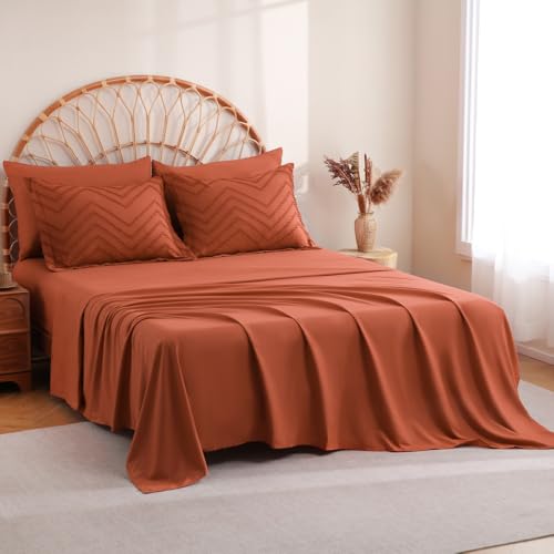 Sheet&Joy Twin Comforter Set with Sheets Burnt Orange - 5 Pieces Boho Tufted Shabby Chic Bed in a Bag, Fluffy Soft Farmhouse Bed Set for All Seasons Sheet&Joy