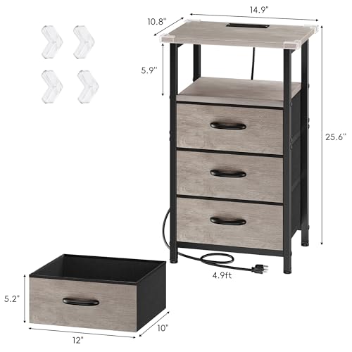 Vagusicc Nightstand Set of 2 with Charging Station, Bedside Table with USB Ports and Outlet, End Table Side Table with 3 Fabric Drawer and Storage Shelf, Bed Side Table Night Stand for Bedroom, Greige Vagusicc