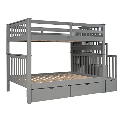 MERITLINE Solid Wood Bunk Bed with Staircase Storage, Full Over Full Bunk Bed with Drawers for Kids, Teens & Adults, Space Saving Design (Gray) MERITLINE