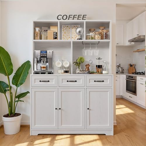 Gizoon Kitchen Pantry Cabinet with Microwave Shelf 60.2" Tall Coffee Bar Cabinet with Storage Kitchen Hutch with Countertop for Dining Room and Craft Room, White Gizoon
