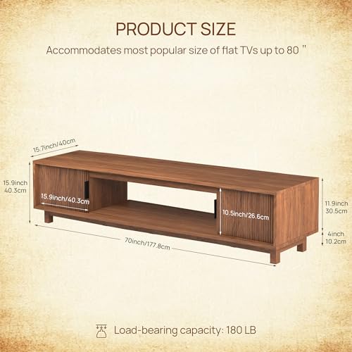 BRITEMART TV Stands for Living Room, 70 Inch Large Entertainment Center Fluted TV Stand with Storage, Boho Media Console Wood Television Table with Cable Management Hole, Walnut BRITEMART