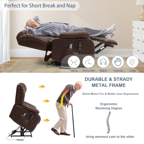 MEROUS Dual Motor Power Lift Recliner Chair for Elderly, Infinite Position Lay Flat Lift Chair with Massage and Heat, USB Ports, Leather (Brown)