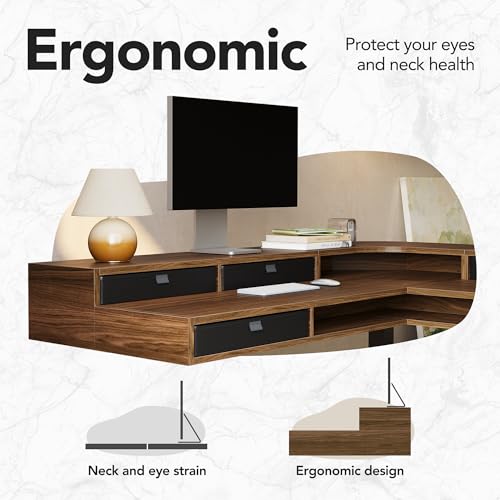 HUANUO 65.5" × 57.6" Electric L Shaped Standing Desk with 6 Storage Drawers, 2-Tier Corner Sit Stand Desk with Power Strip Tray & Cable Grommets, Height Adjustable Computer Gaming Table, Walnut HUANUO