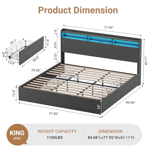 MALOL Bed Frame, King Bed Frame with Headboard & Storage Shelf, Metal Platform Bed Frame with 4 Storage Drawers, Built-in Charging Station, Led Light, Wood Bed Frame, No Box Spring Needed, Grey MALOL