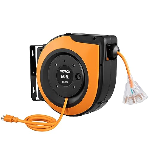 VEVOR Retractable Extension Cord Reel, 65 FT Heavy Duty 12AWG/3C SJTOW Power Cord, with Lighted Triple Tap Outlet, 15 Amp Circuit Breaker, 180° Swivel Bracket for Ceiling or Wall Mount VEVOR