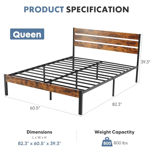 OLIXIS Queen Size Bed Frame with Headboard, 800LBS Mattress Foundation with All Sturdy Metal Support, Under Bed Storage, No Box Spring Needed, Easy Assembly, Rust Brown OLIXIS
