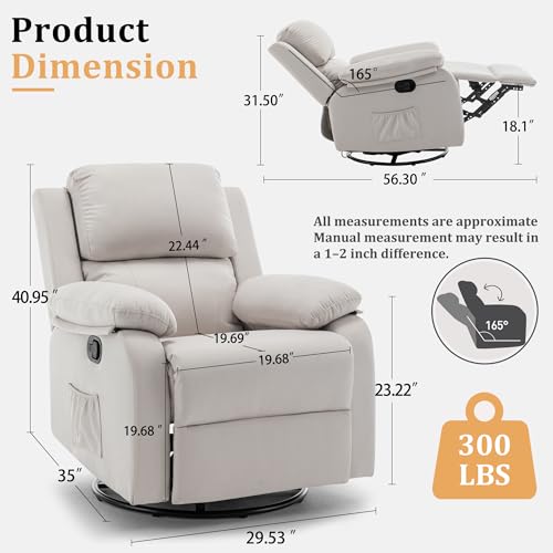 Korser Recliner Chair, 360 Swivel Rocker Chair for Adults, Small Rocking Recliner for Small Spaces, Upholstered Fabric Glider Recliner Nursery (Swivel Rocker Recliner, Off White)