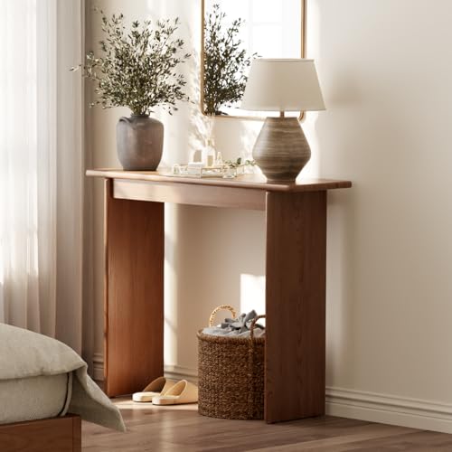 AQIMUELE Walnut Console Table Thin Rubberwood Minimalist Mid-Century Style | Stable and Sturdy 39.4" W x 11.8" D x 31.5" H for Entryway/Sofa Back AQIMUELE