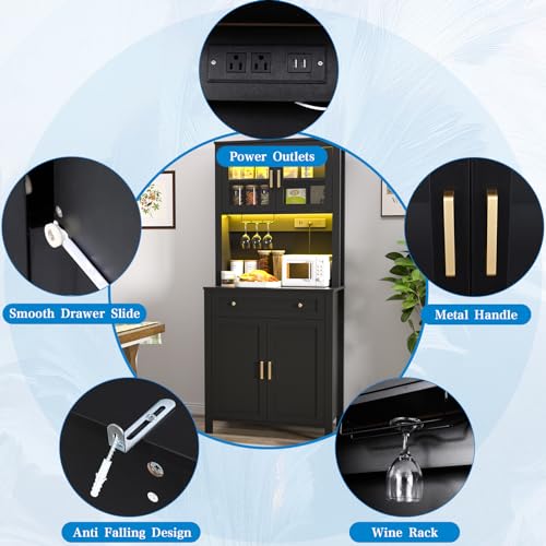 Yeyawomy 72" Tall Kitchen Pantry Cabinet with LED Light & Power Outlets, Farmhouse Large Storage Cabinet, Microwave Stand with Storage, Adjustable Cabinet Shelf, Black Kitchen Pantry (Black) Yeyawomy