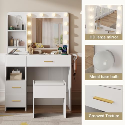 Furnivado Vanity Desk with Mirror and Lights, 3 Adjustable Lighting Makeup Vanity Desk with 3 Storage Shelves, 5 Large Drawers and Power Outlet, Vanity with Chair for Bedroom, White Furnivado