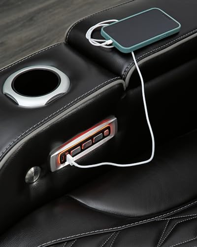 Signature Design by Ashley Boyington Contemporary Leather Match Power Reclining Sofa with Adjustable Headrest, Cup Holder, USB Charging Ports, Air Massage System and LED Lighting, Black Signature Design by Ashley