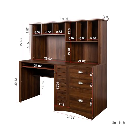 58" Vintage Desk with Hutch, Wood Home Office Executive Desk with Drawer, Printer Stand, Keyboard Tray, File Drawer, Storage Cabinet, Rustic Writing Computer Desk (Walnut, 57.68") HMYFGD