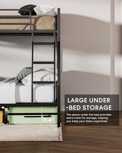 Miscoos Full XL Over Queen Metal Bunk Bed, Heavy-Duty Bed Frame with EVA Rubber Cover Ladder & Safety Guardrails, Space-Saving Sturdy Queen Bunk Bed for Adults & Teens, Black Miscoos