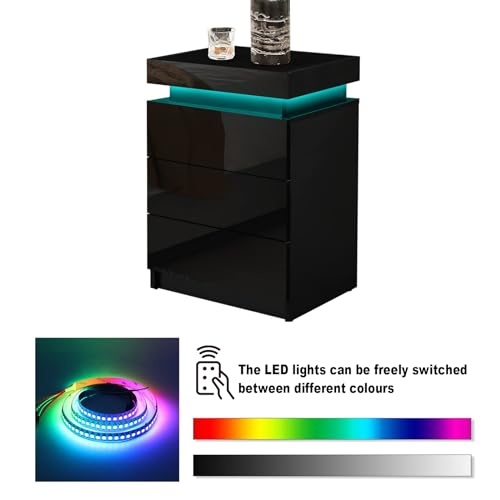 CLIPOP Modern Nightstand, LED Night Stand with 3 High Gloss Chest of Drawers, Bedside Table Cabinet with Remote Control Lights, Wood Matte Nightstand 21.6" Tall Bedroom Furniture, Black CLIPOP