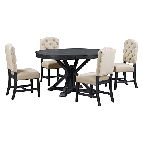 Merax Farmhouse Wooden Round Extendable Dining Table Set with Chairs for 4 Persons 5 Piece Round Kitchen Table Set for Small Space, Deep Espresso Merax