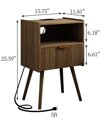 JOONEE Nightstand with Outlet,Modern Bedside Table with Storage Drawer and Open Wood Shelf, for Living Room, Bedroom and Small Spaces, Accent Night Stand with Solid Wood Legs, Easy Assembly,Brown JOONEE