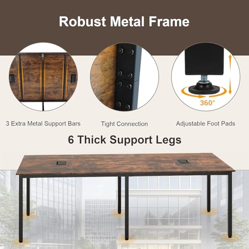 Nightcore Rectangle Conference Table for 10, 8 ft Large Seminar Table with 2 Cable Grommets, Modern Industrial Office Computer Desk with Metal Legs for Boardroom, Meeting Room, Brown Goplus