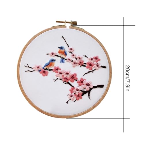 Biweutydys Needlepoint Kits for Adults Birds on Cherry Blossom Branches Pattern Cross Stitch Kits Cherry Blossom Flowers Hand Embroideried Kit with Embroidery Hoop and Instruction Mother's Day Gift