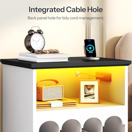 HOOBRO Farmhouse Record Stand with Charging Station and LED Lights, Compact Vinyl Storage Cabinet Holds Up to 230 Albums, Turntable Holder for Living Room, Bedroom, Black and White WB40UDRS01 HOOBRO