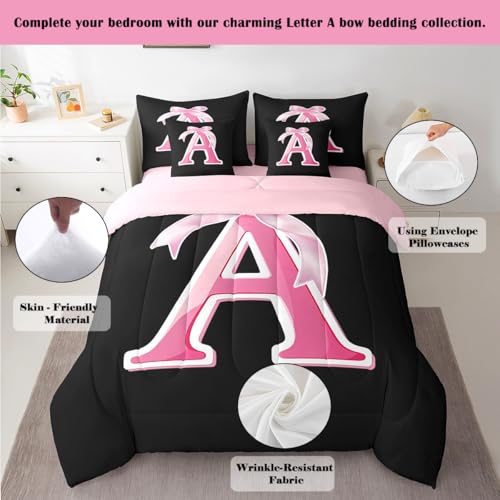 jejeloiu Kids Girls Black Pink Bow Comforter Set with Sheets Twin Size Monogrammed 7 Piece Bedding Set Personalized Initial A Bed in a Bag with Comforter,Sheets,Pillowcases Modern Fashion Bed Set jejeloiu
