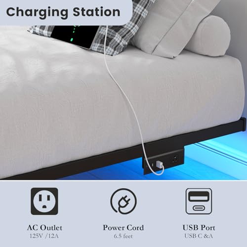 HAVONIZD Full Size Floating Bed Frame with LED Lights and Charging Station - 10 inch Platform Bed Frame No Box Spring Needed, Easy Assembly HAVONIZD