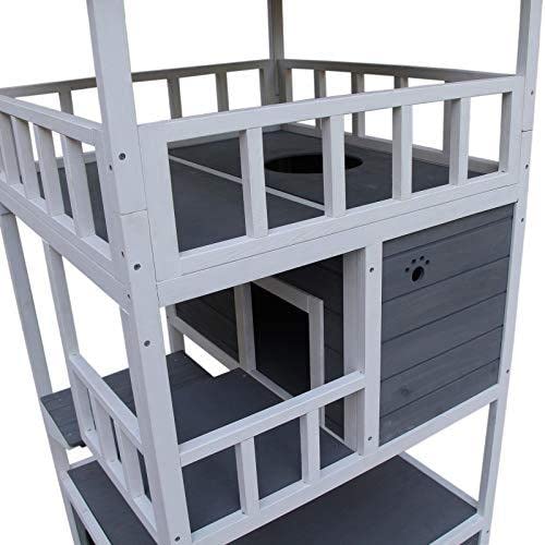 PawHut Wooden Outdoor Cat House, Feral Cat Shelter Kitten Condo with Asphalt Roof, Escape Doors, Condo, Jumping Platform, Grey PawHut