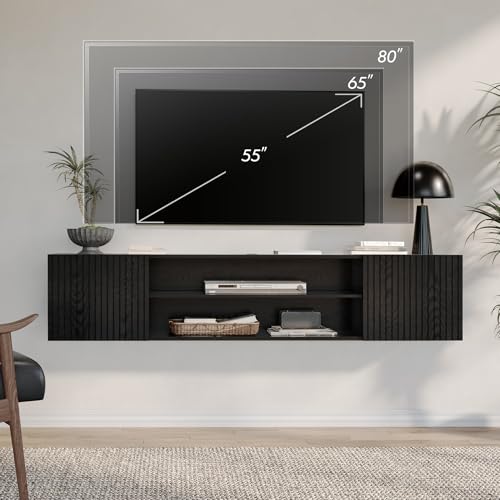 WMAPAT Modern Floating TV Stand with Electric Fireplace, Media Console for TVs up to 80", Wood Entertainment Center with 36" Fireplace TV Shelf Cabinet for Living Room, Bedroom, Black WAMPAT