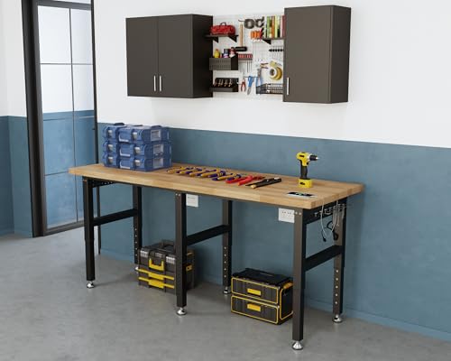 SPECRAFT 84“ Adjustable Heavy Duty Workbench with 4 AC Outlet and 2 USB Ports Power Outlets, 5000 Lbs Capacity, Rubber Wood Top for Garage, Workshop, Office SPECRAFT